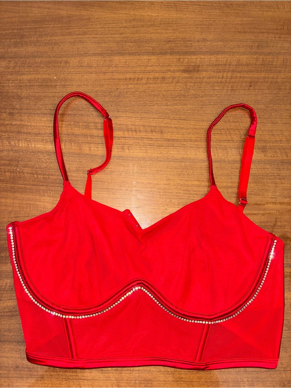 Red Mesh & Satin Underwire Bralette with Boning & Rhinestone Trim - 34/36 C/D
